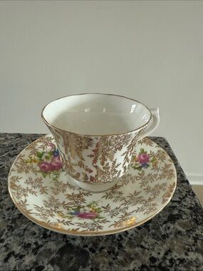 Gold Filigree Floral Teacup and Saucer - Pink & Green Accents